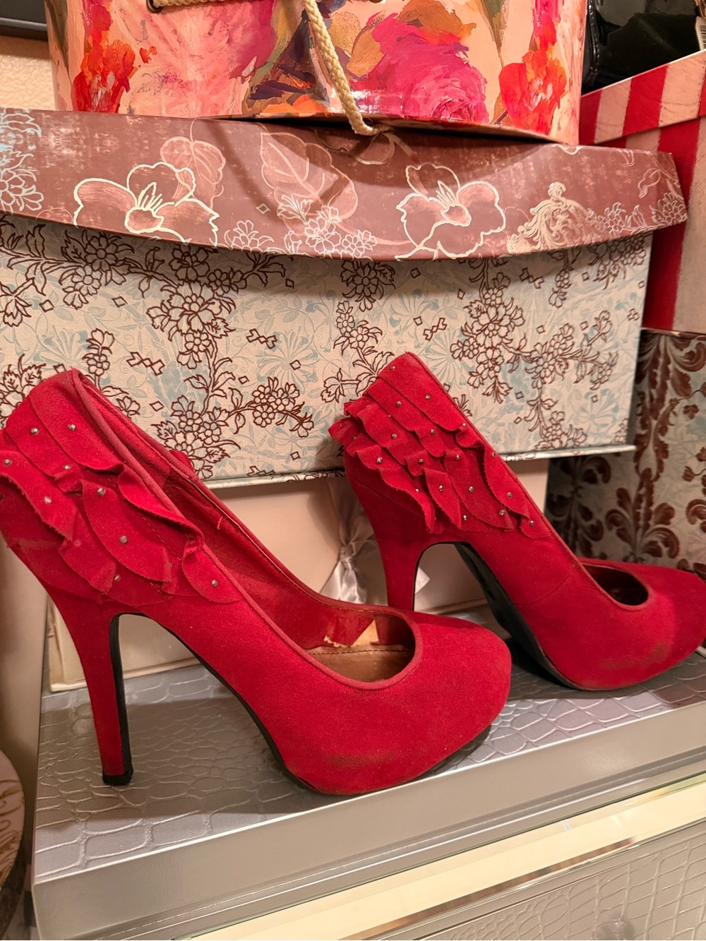 BAMBOO Red Suede Ruffle Platform Stiletto Heels